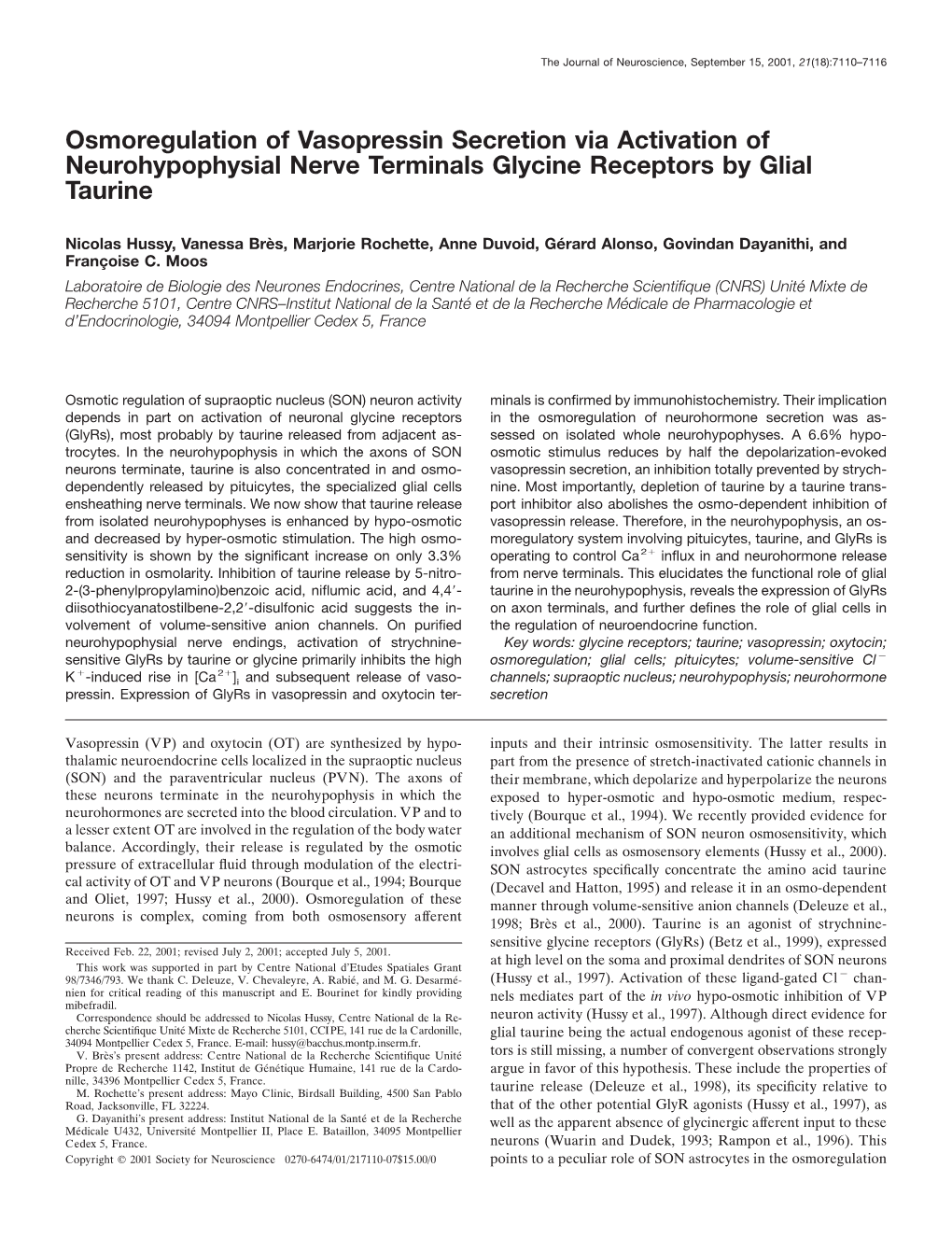 Osmoregulation of Vasopressin Secretion Via Activation of Neurohypophysial Nerve Terminals Glycine Receptors by Glial Taurine