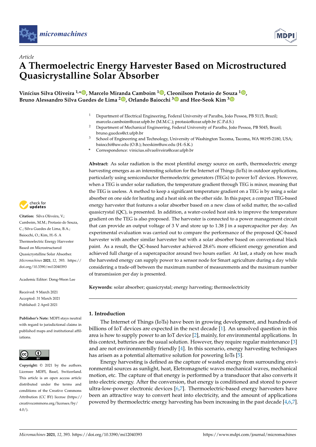 A Thermoelectric Energy Harvester Based on Microstructured Quasicrystalline Solar Absorber