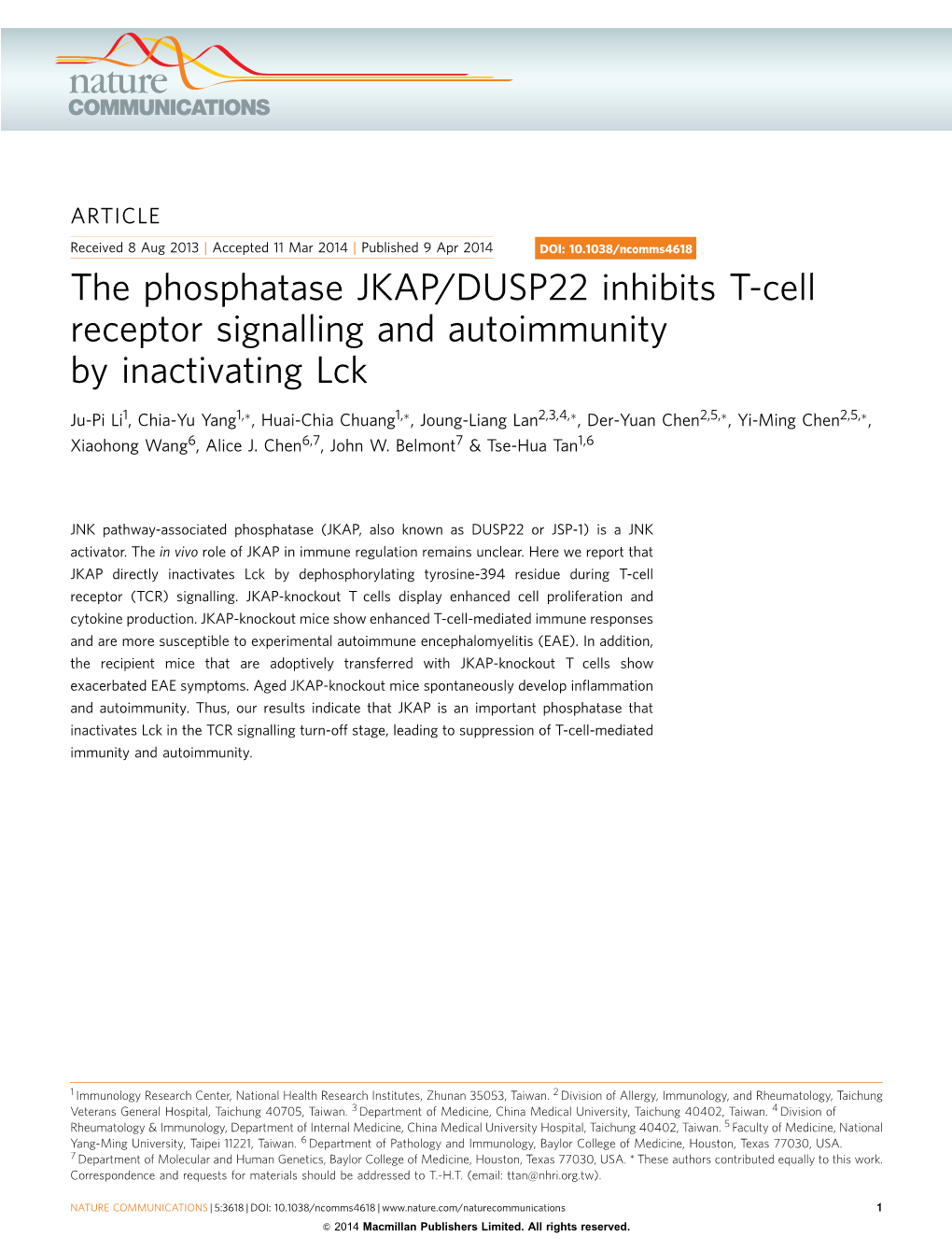 The Phosphatase JKAP/DUSP22 Inhibits T-Cell Receptor Signalling and Autoimmunity by Inactivating Lck