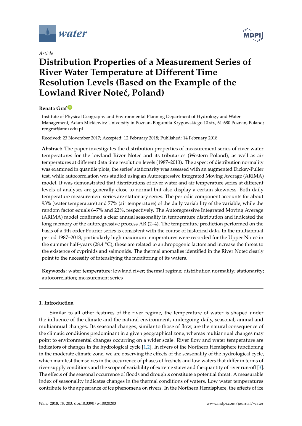 Distribution Properties of a Measurement Series of River Water Temperature at Different Time Resolution Levels