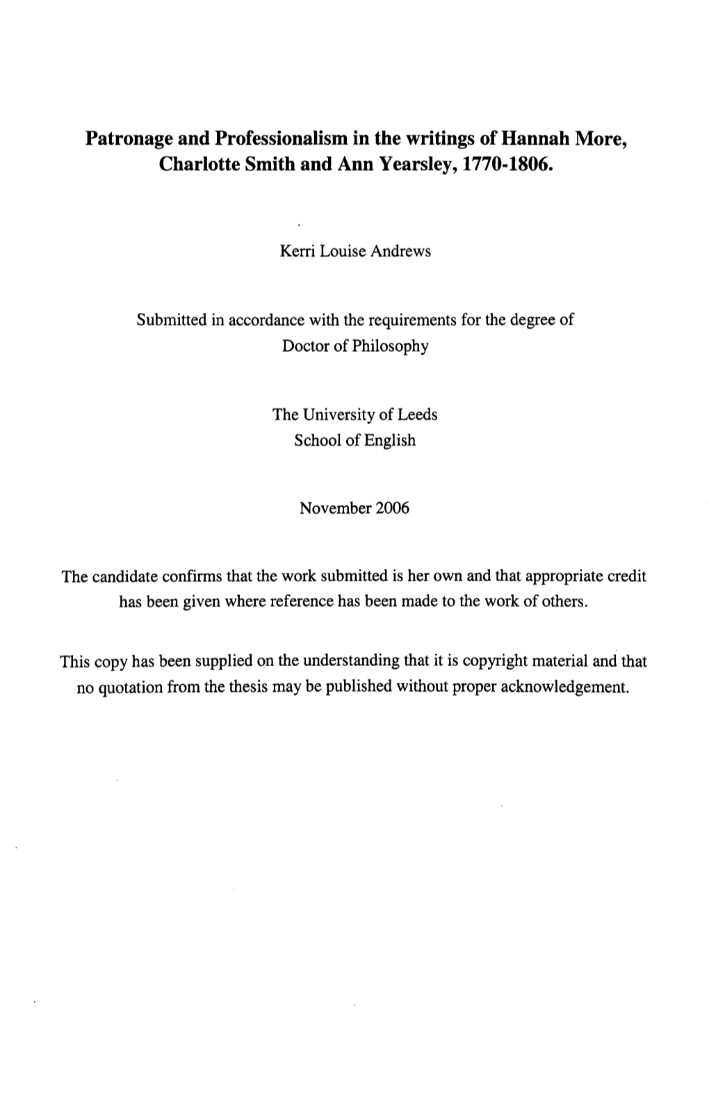 Patronage and Professionalism in the Writings of Hannah More, Charlotte Smith and Ann Yearsley, 1770-1806