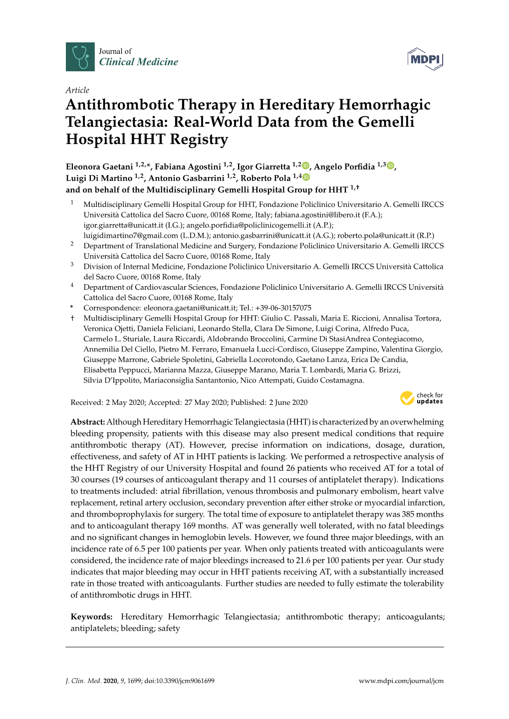 Real-World Data from the Gemelli Hospital HHT Registry