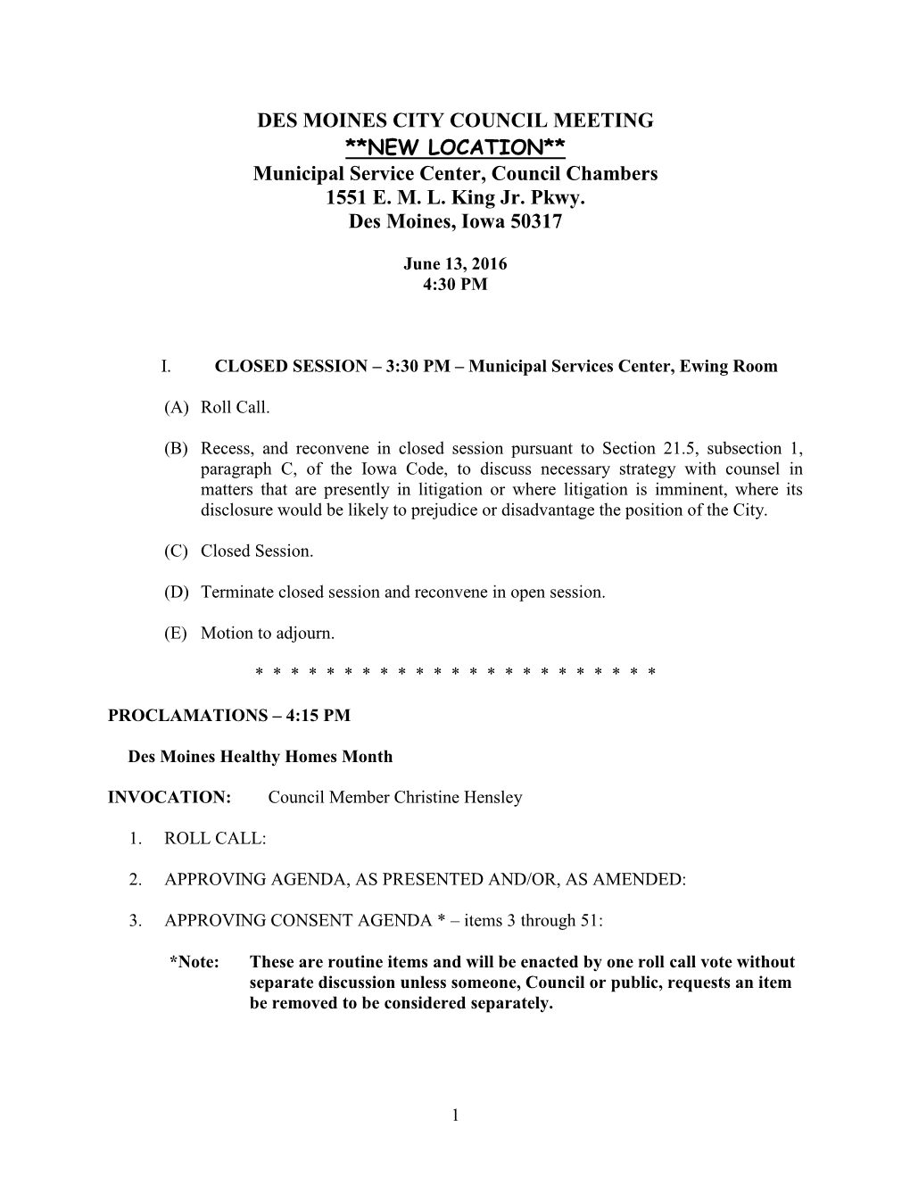 Des Moines City Council Agenda for 6/13/2016 Regular Meeting