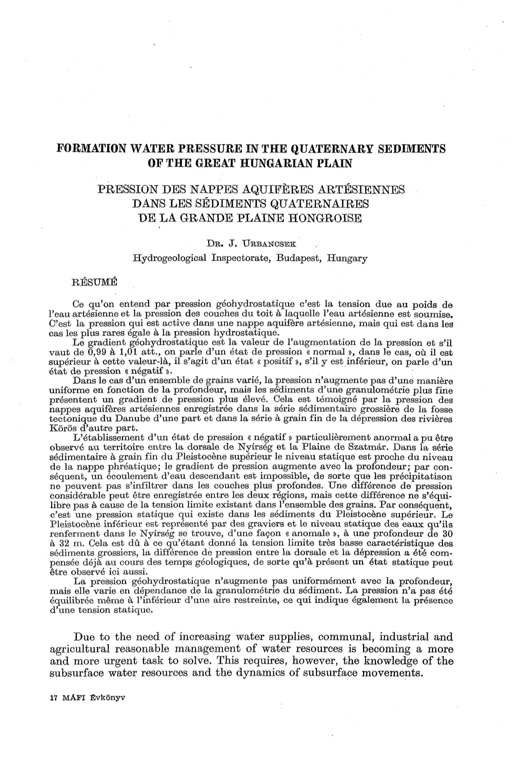 Formation Water Pressure in the Quaternary Sediments of the Great Hungarian Plain