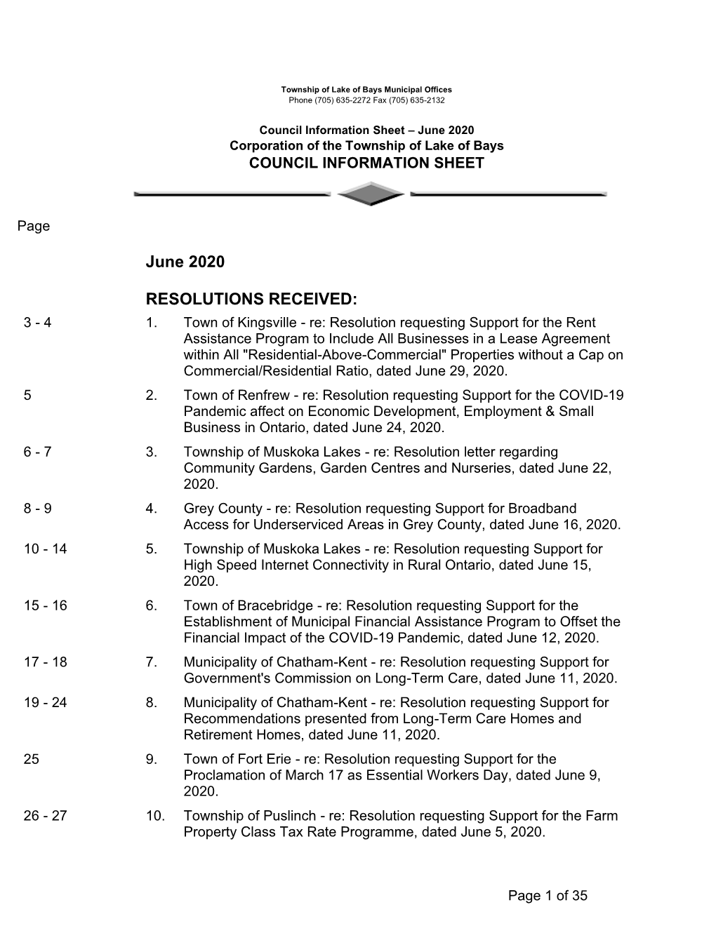 June 2020 Corporation of the Township of Lake of Bays COUNCIL INFORMATION SHEET