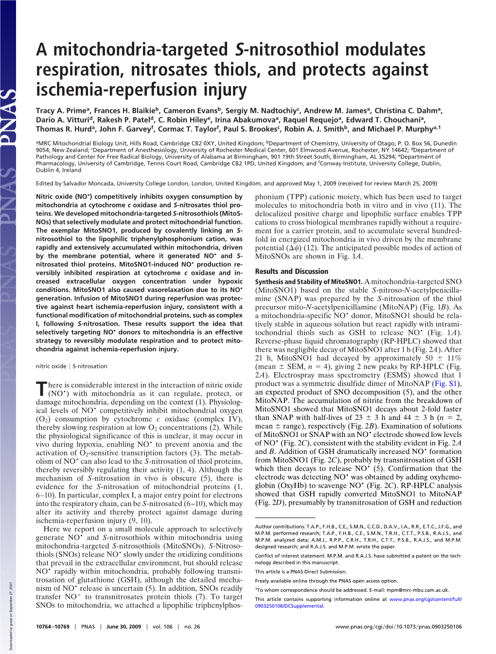 A Mitochondria-Targeted S-Nitrosothiol Modulates Respiration, Nitrosates Thiols, and Protects Against Ischemia-Reperfusion Injury