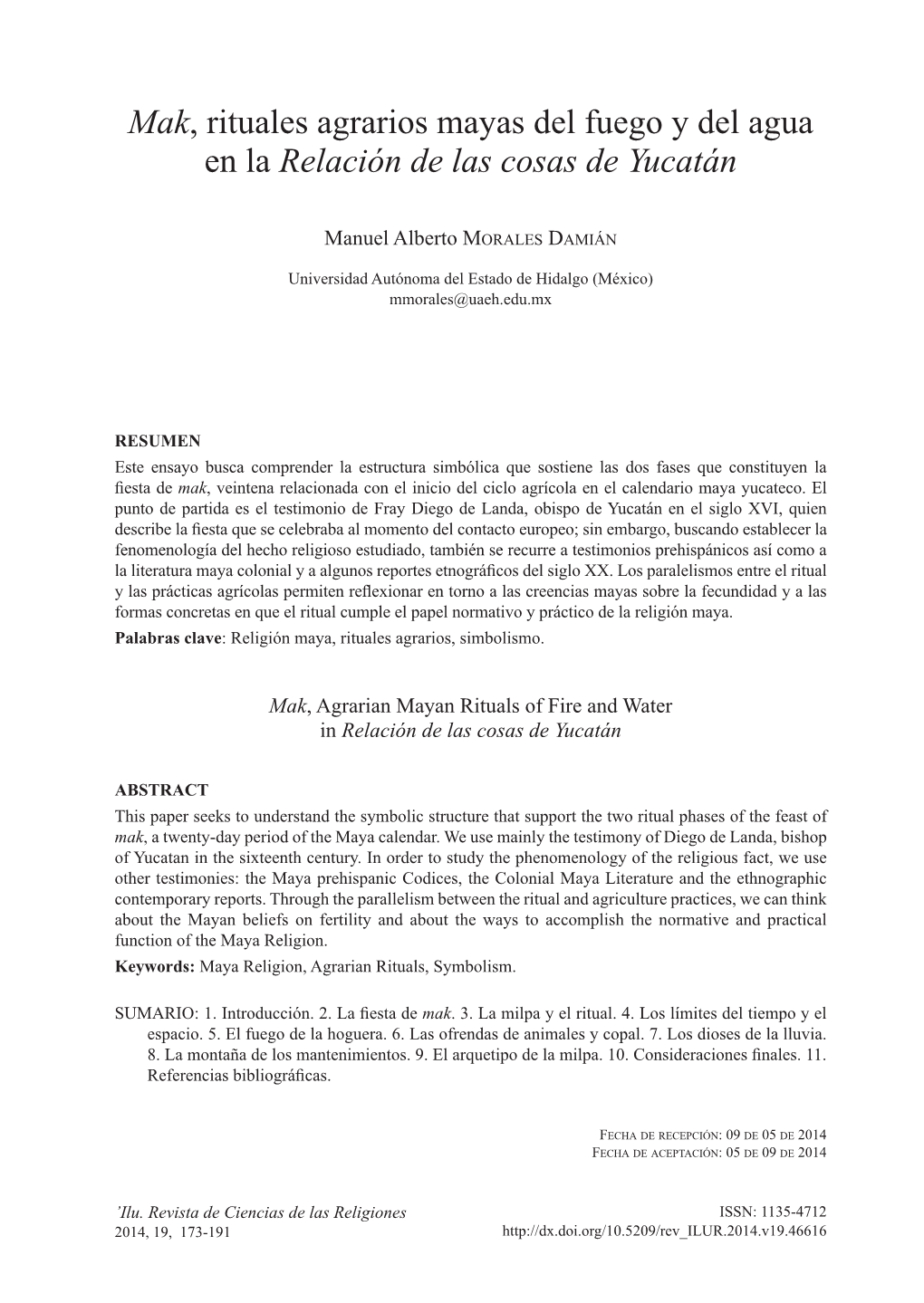 Mak, Rituales Agrarios Mayas Del Fuego Y Del Agua En La Relación De Las Cosas De Yucatán