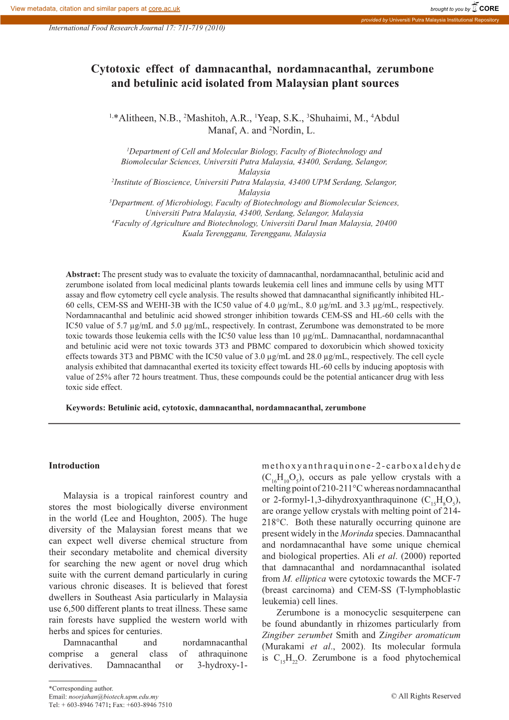 Cytotoxic Effect of Damnacanthal, Nordamnacanthal, Zerumbone and Betulinic Acid Isolated from Malaysian Plant Sources