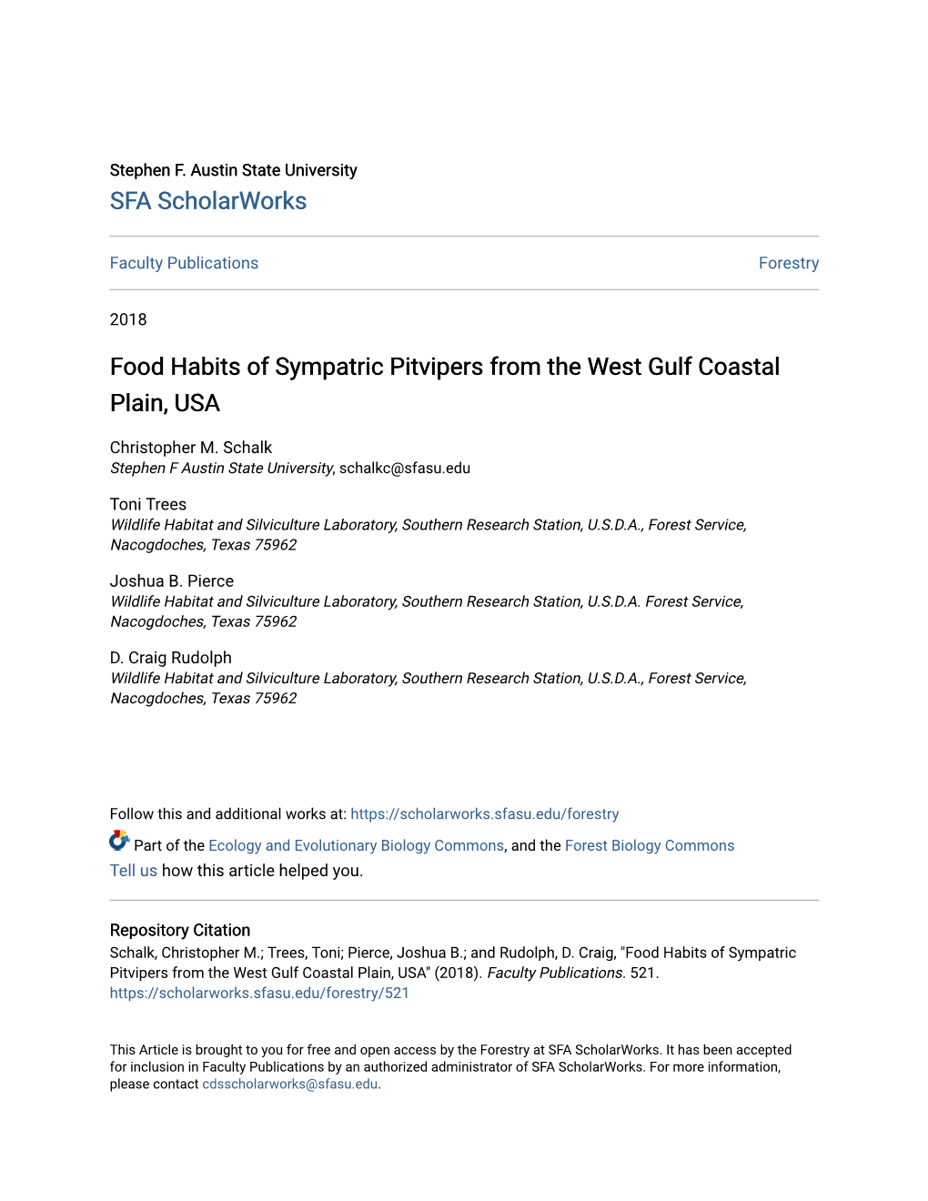 Food Habits of Sympatric Pitvipers from the West Gulf Coastal Plain, USA