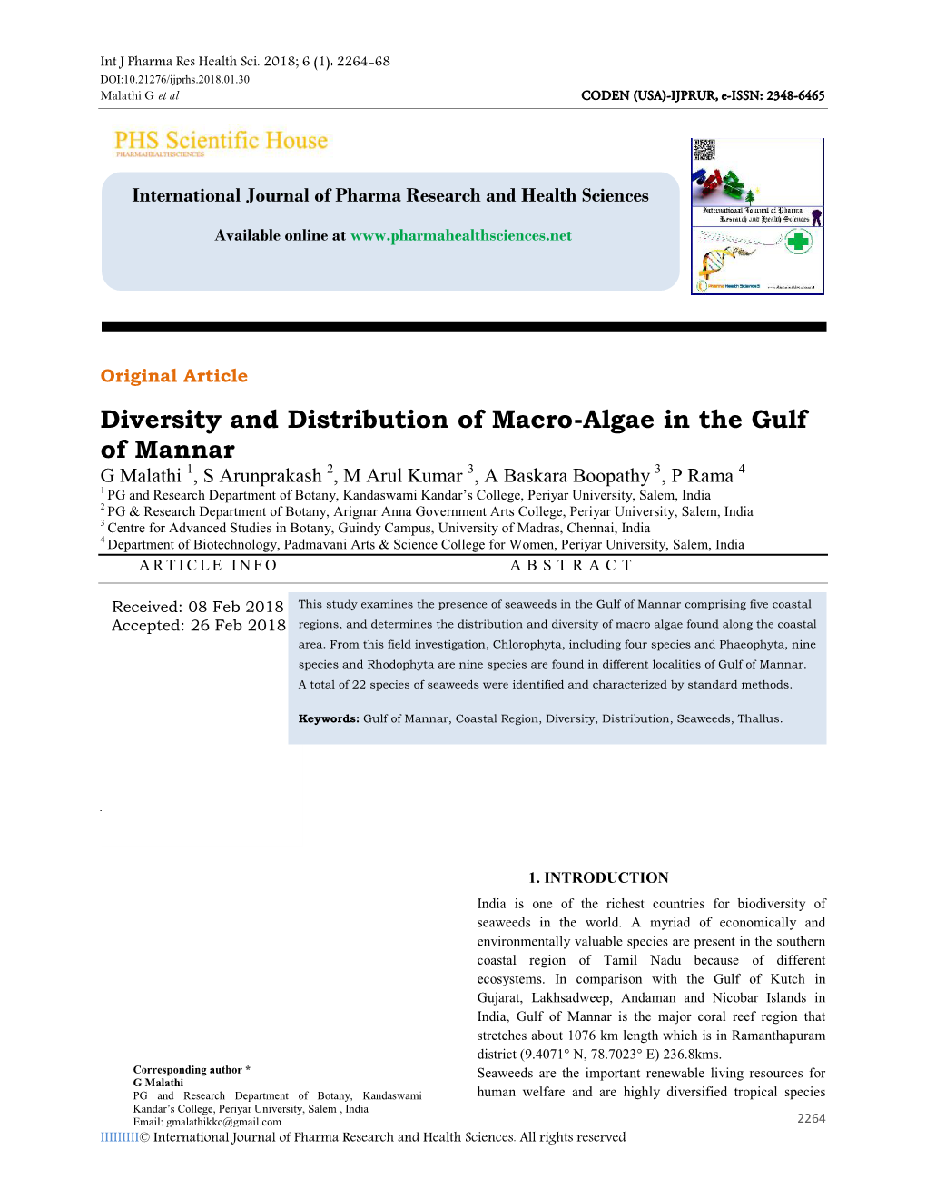 Diversity and Distribution of Macro-Algae in the Gulf of Mannar