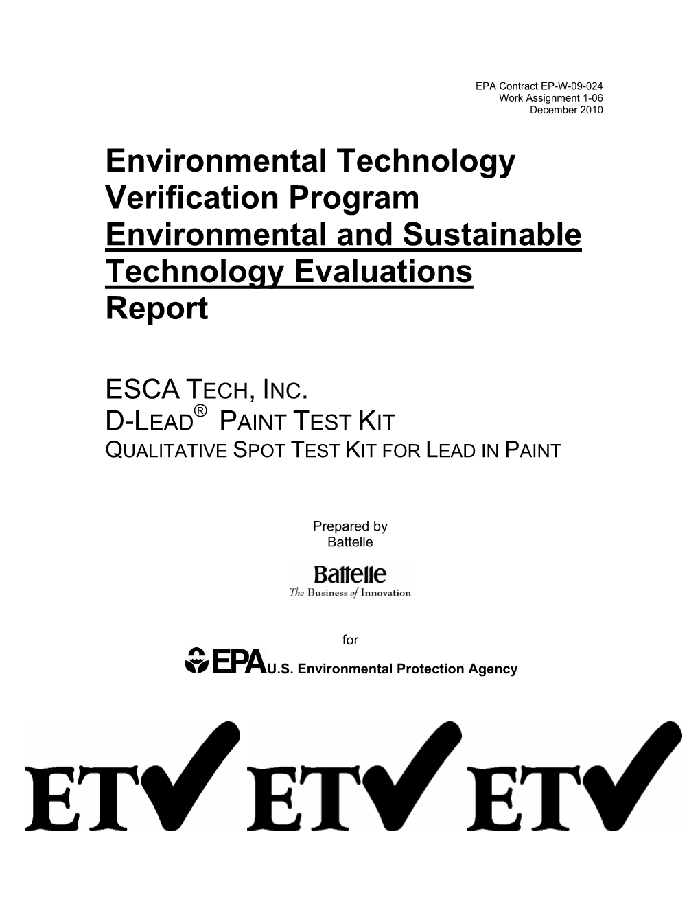 Environmental and Sustainable Technology Evaluations Report ESCA Tech, Inc. D-Lead Paint Test