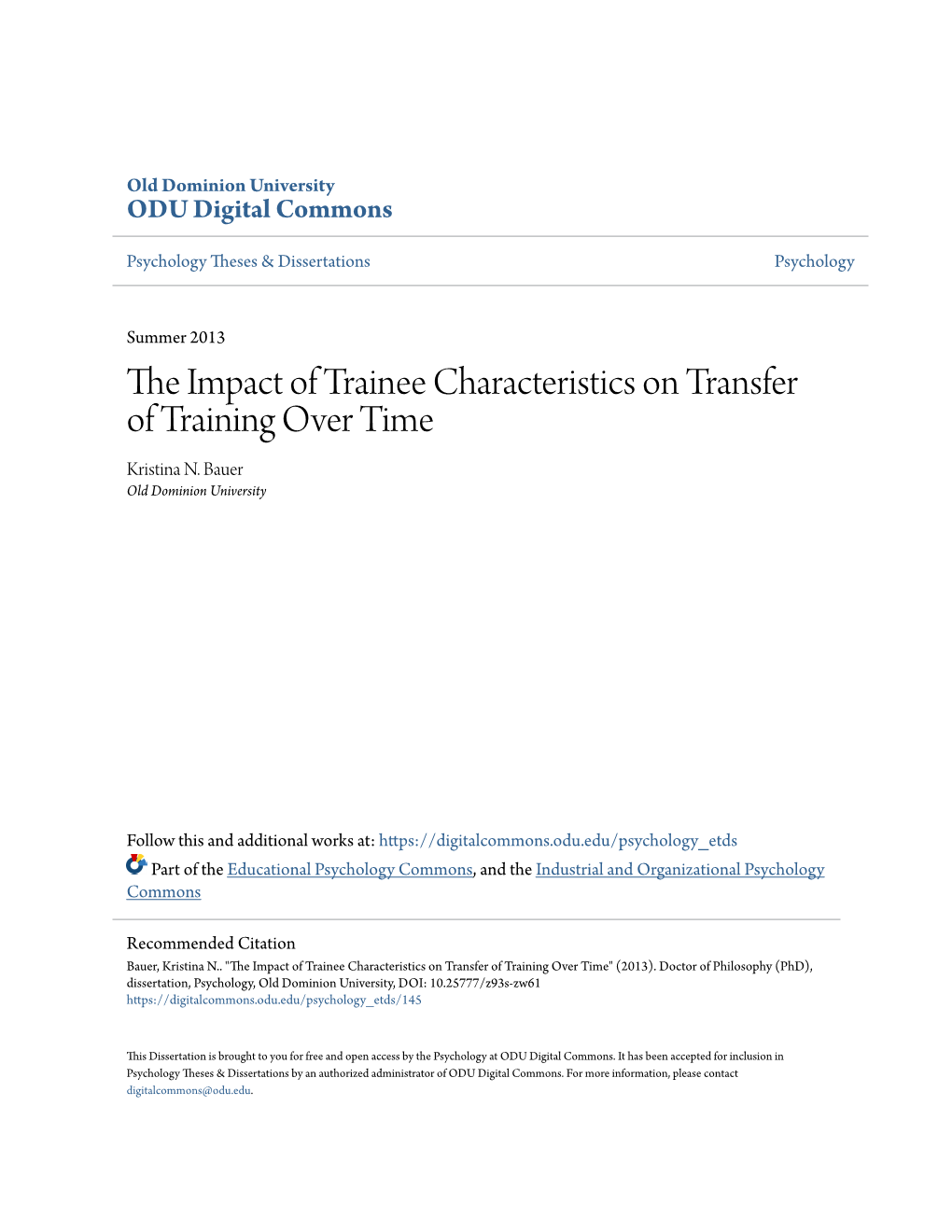 The Impact of Trainee Characteristics on Transfer of Training Over Time