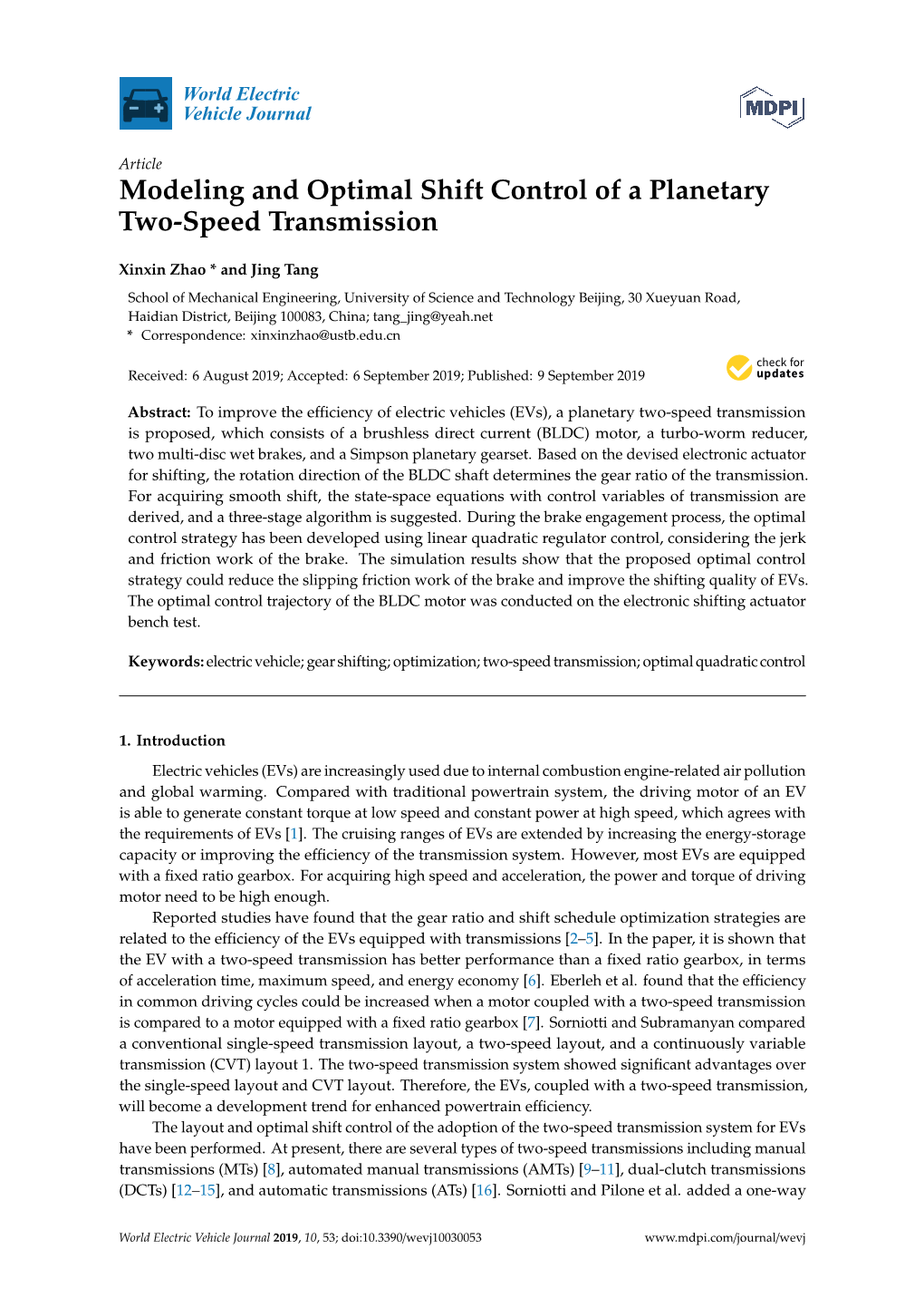 Modeling and Optimal Shift Control of a Planetary Two-Speed Transmission