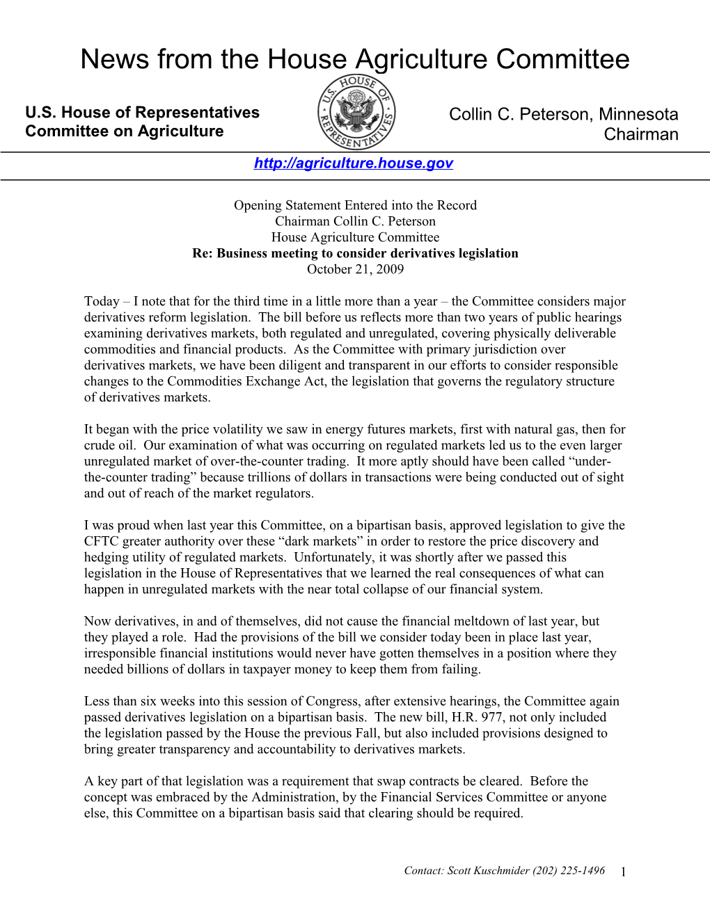 News From The House Agriculture Committee