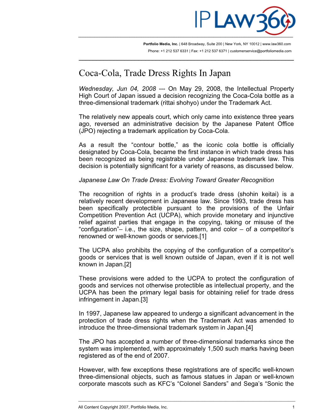 Coca-Cola, Trade Dress Rights in Japan