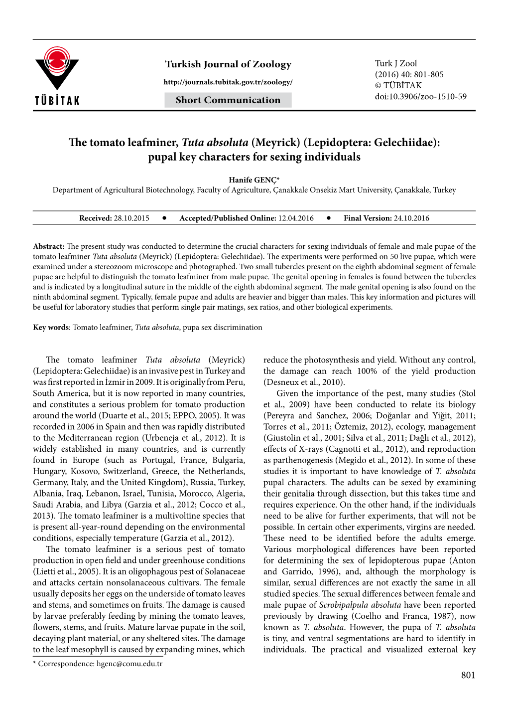 The Tomato Leafminer, Tuta Absoluta (Meyrick) (Lepidoptera: Gelechiidae): Pupal Key Characters for Sexing Individuals