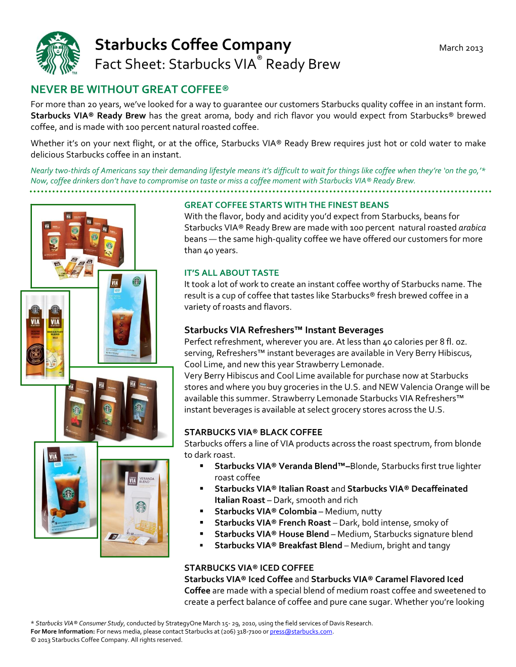 Fact Sheet: Starbucks VIA Ready Brew