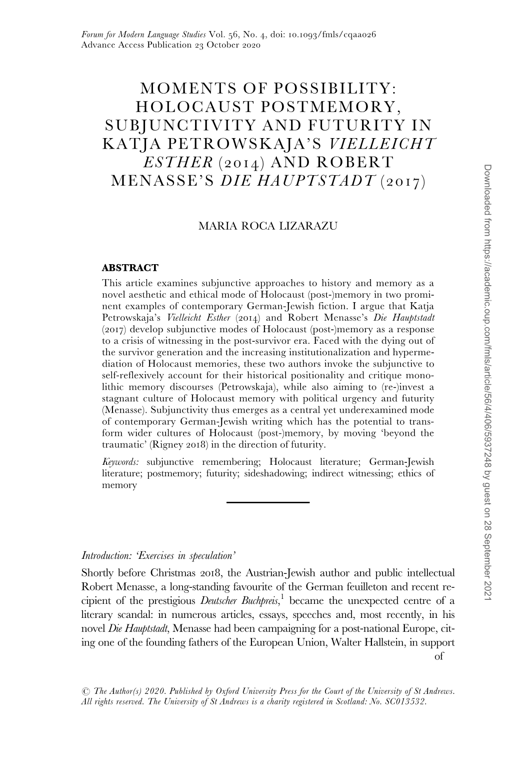 Holocaust Postmemory, Subjunctivity and Futurity in Katja Petrowskaja’S Vielleicht