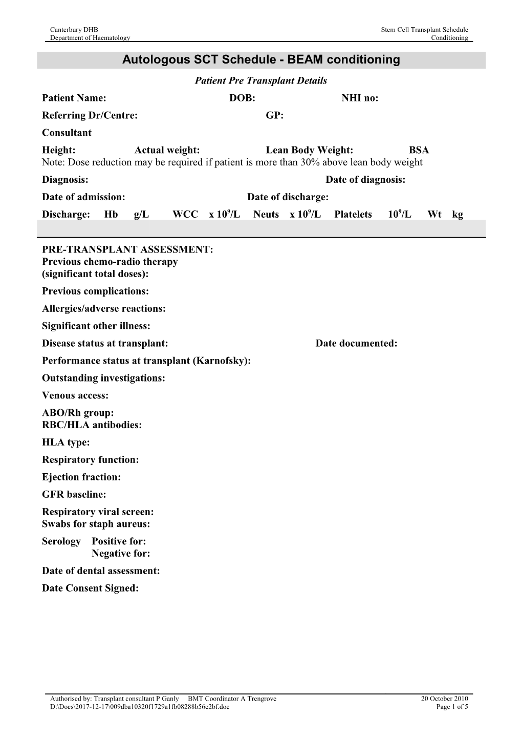 Autologous Stem Cell Transplant Schedule with BEAM Conditioning