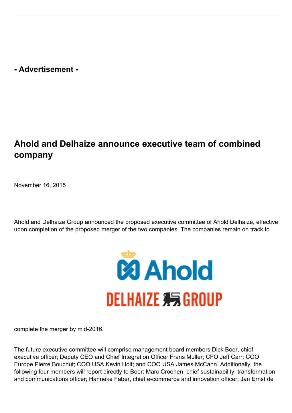 Ahold and Delhaize Announce Executive Team of Combined Company