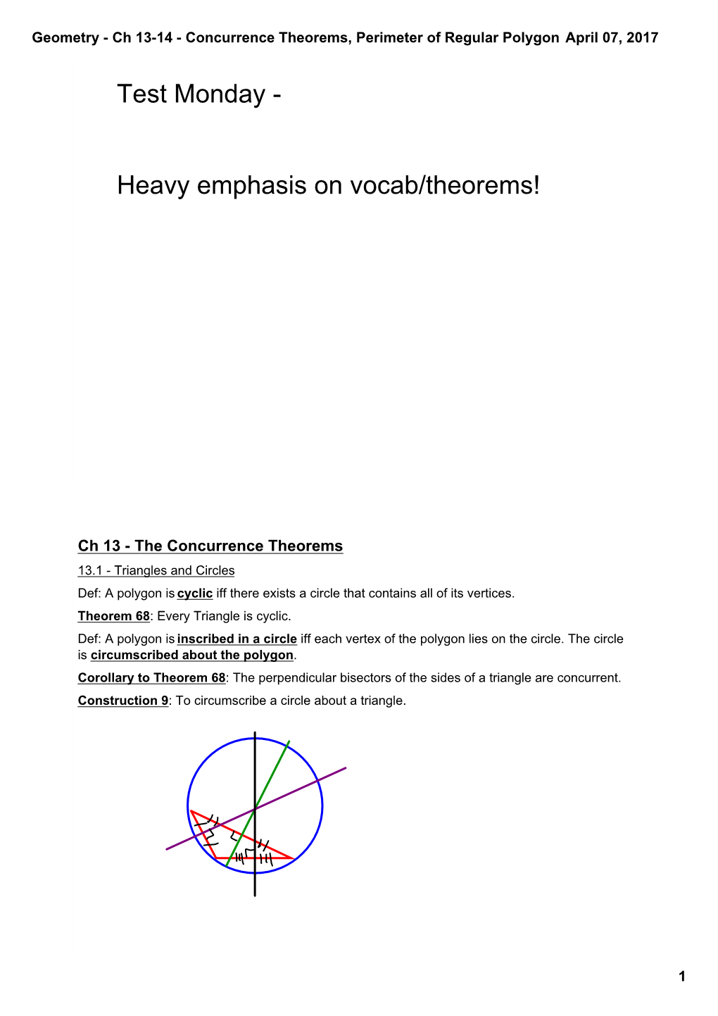 Concurrence Theorems, Perimeter of Regular Polygon April 07, 2017