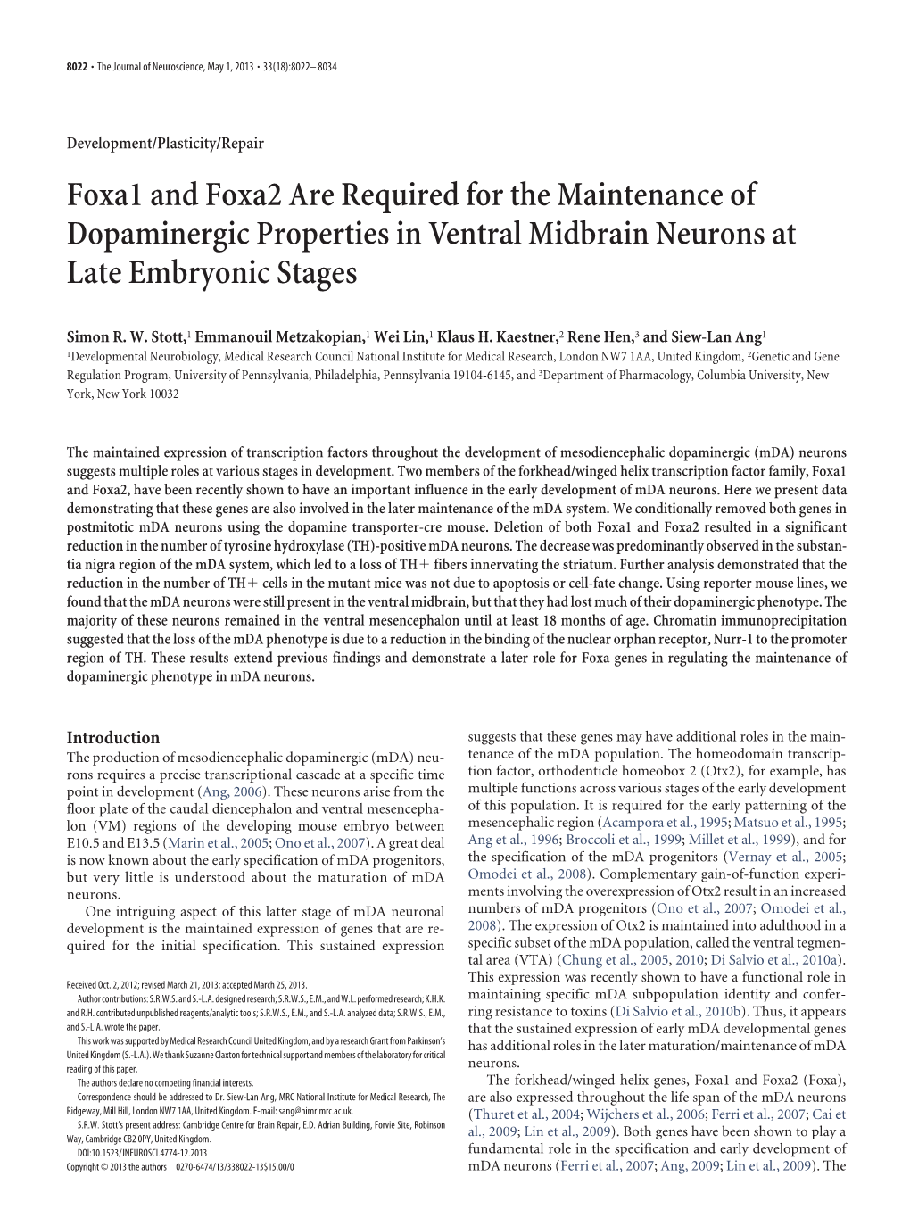 Foxa1 and Foxa2 Are Required for the Maintenance of Dopaminergic Properties in Ventral Midbrain Neurons at Late Embryonic Stages