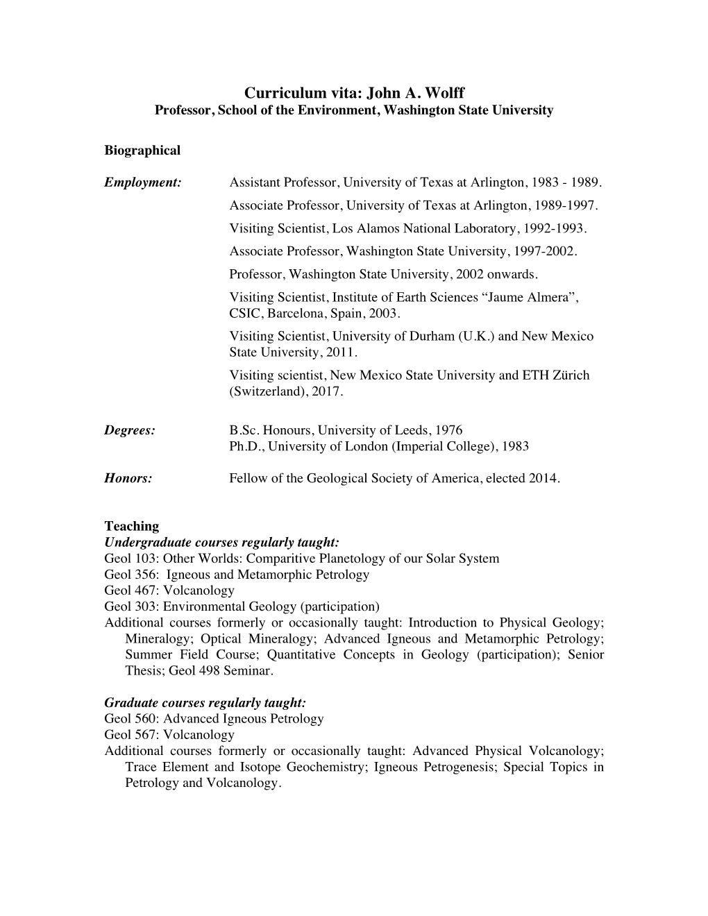 John Wolff CV