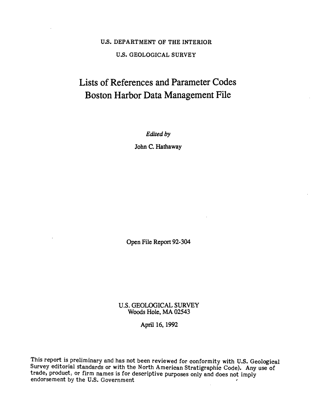 Lists of References and Parameter Codes Boston Harbor Data Management File