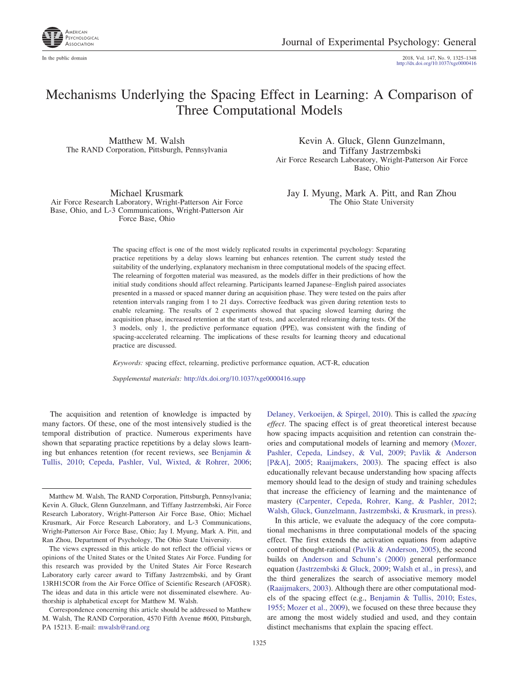 Mechanisms Underlying the Spacing Effect in Learning: a Comparison of Three Computational Models