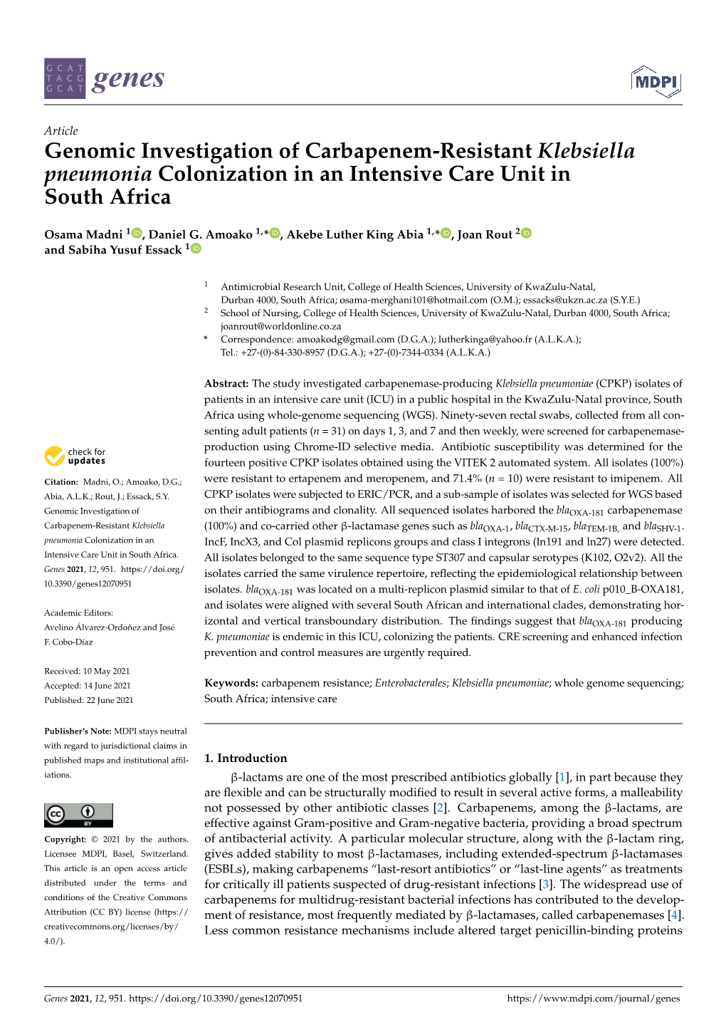 Genomic Investigation of Carbapenem-Resistant Klebsiella Pneumonia Colonization in an Intensive Care Unit in South Africa