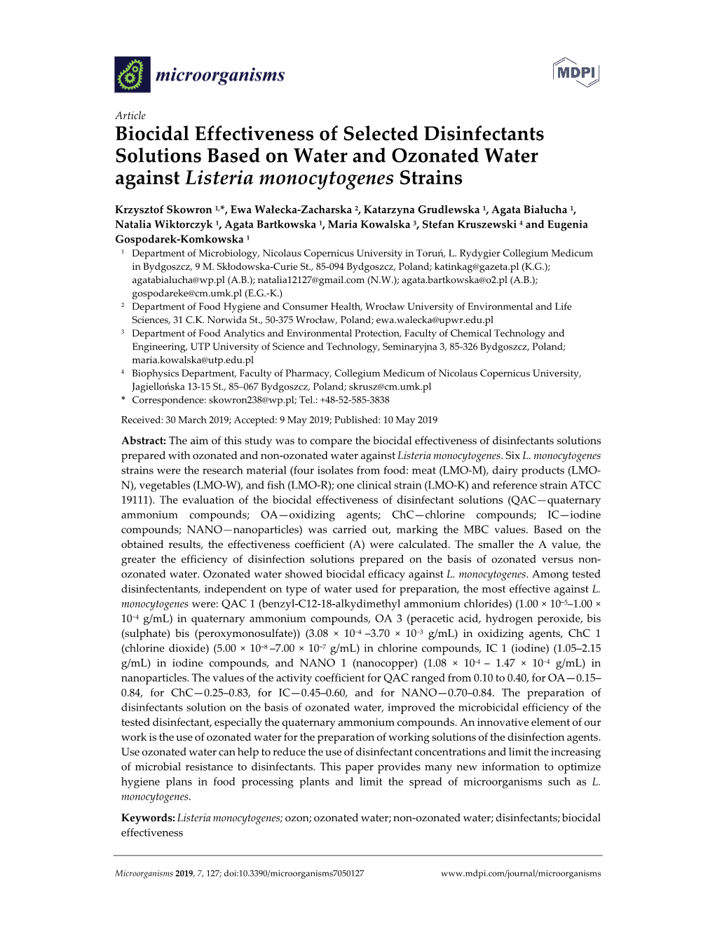 Biocidal Effectiveness of Selected Disinfectants Solutions Based on Water and Ozonated Water Against Listeria Monocytogenes Strains