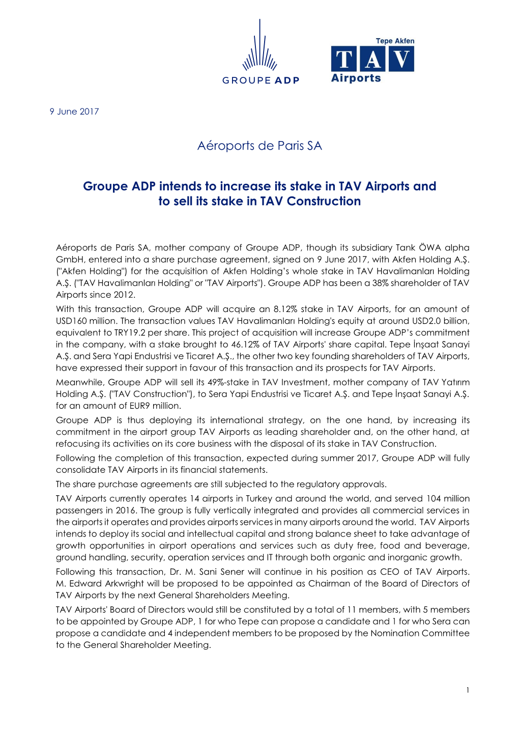 Groupe ADP Intends to Increase Its Stake in TAV Airports and to Sell Its Stake in TAV Construction