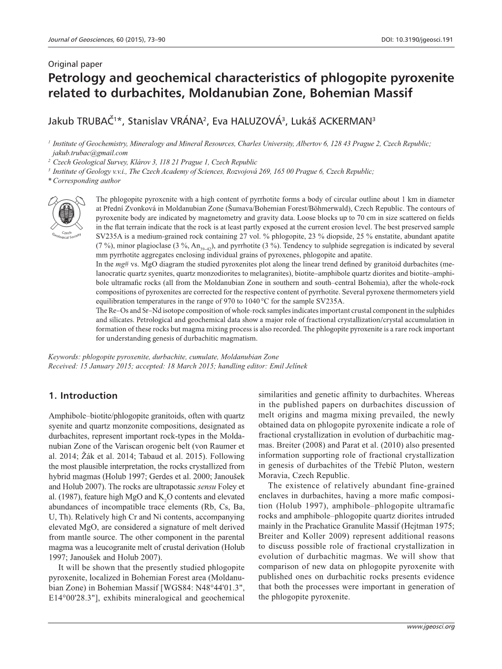 Petrology and Geochemical Characteristics of Phlogopite Pyroxenite Related to Durbachites, Moldanubian Zone, Bohemian Massif