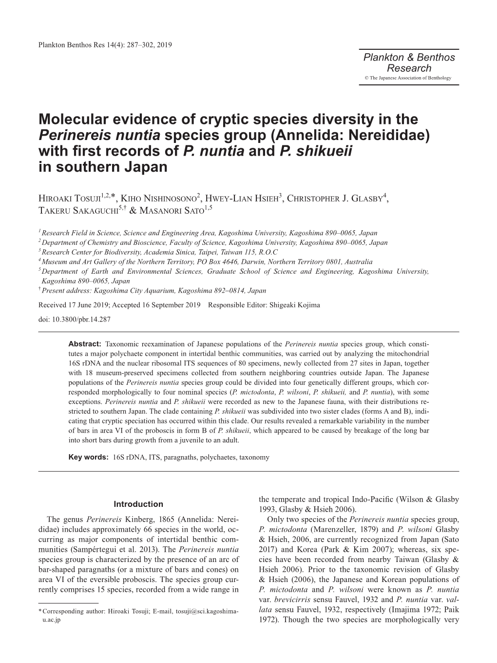 Molecular Evidence of Cryptic Species Diversity in the Perinereis Nuntia Species Group (Annelida: Nereididae) with ﬁrst Records of P