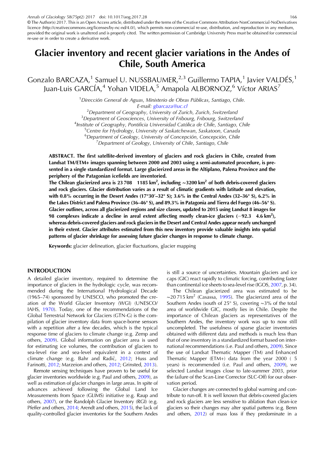 Glacier Inventory and Recent Glacier Variations in the Andes of Chile, South America