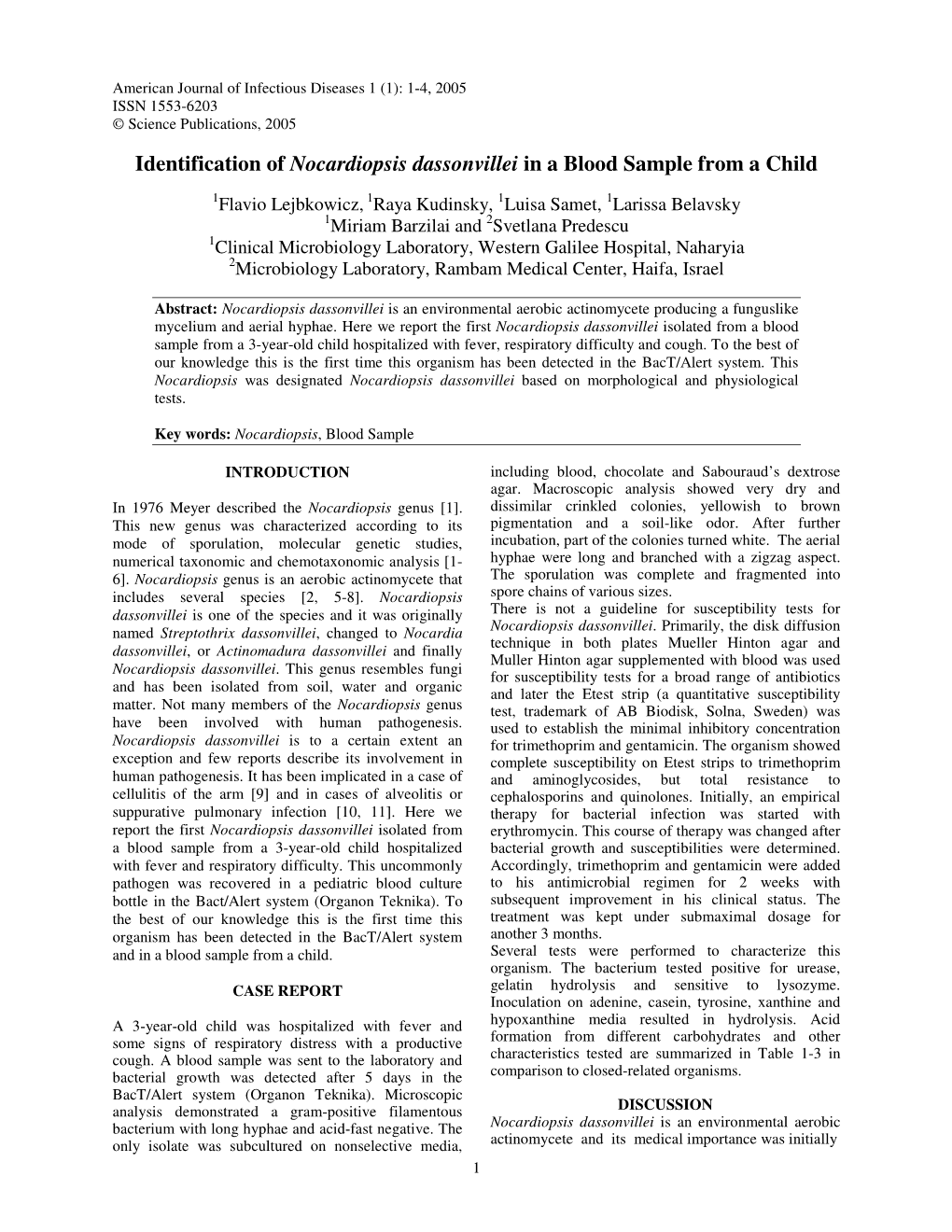 Identification of Nocardiopsis Dassonvillei in a Blood Sample from a Child