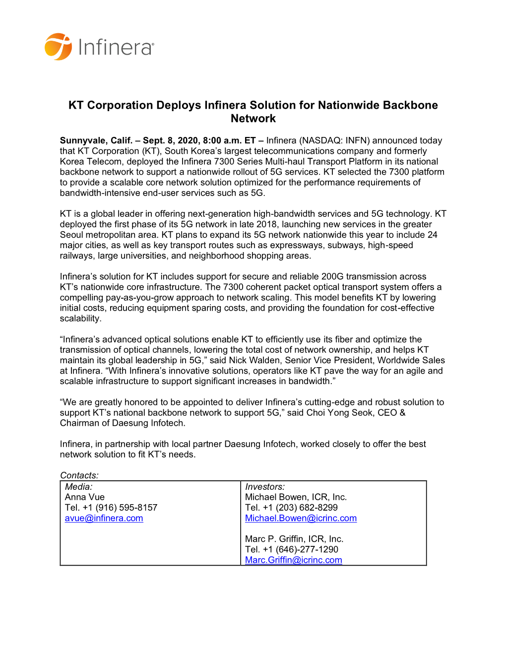 KT Corporation Deploys Infinera Solution for Nationwide Backbone Network