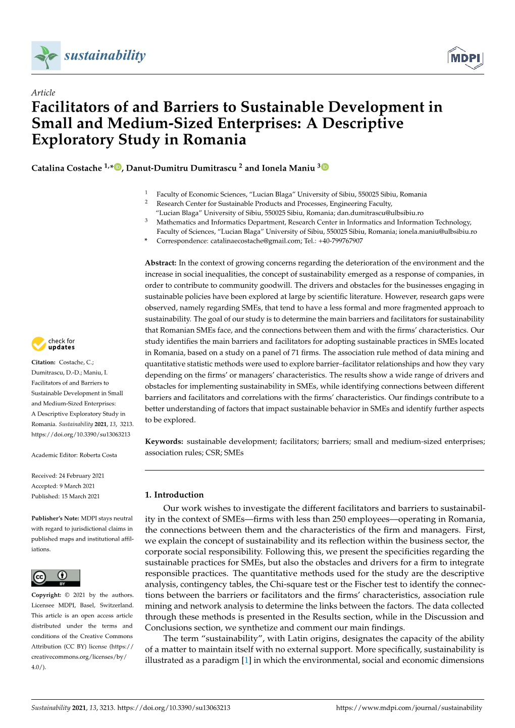 Facilitators of and Barriers to Sustainable Development in Small and Medium-Sized Enterprises: a Descriptive Exploratory Study in Romania