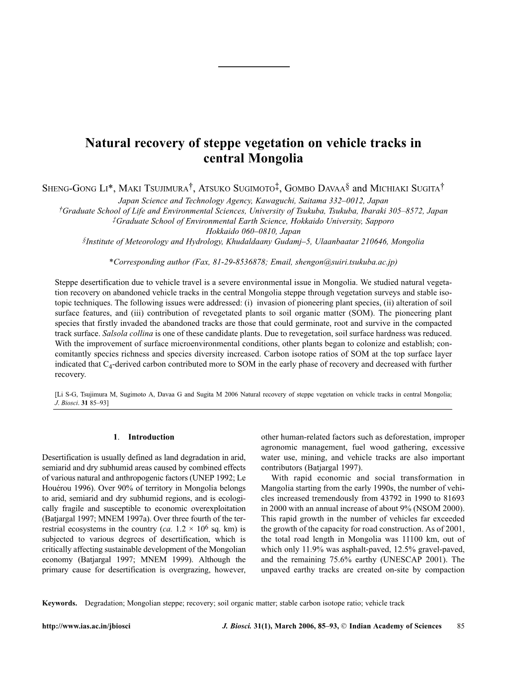 Natural Recovery of Steppe Vegetation on Vehicle Tracks in Central Mongolia