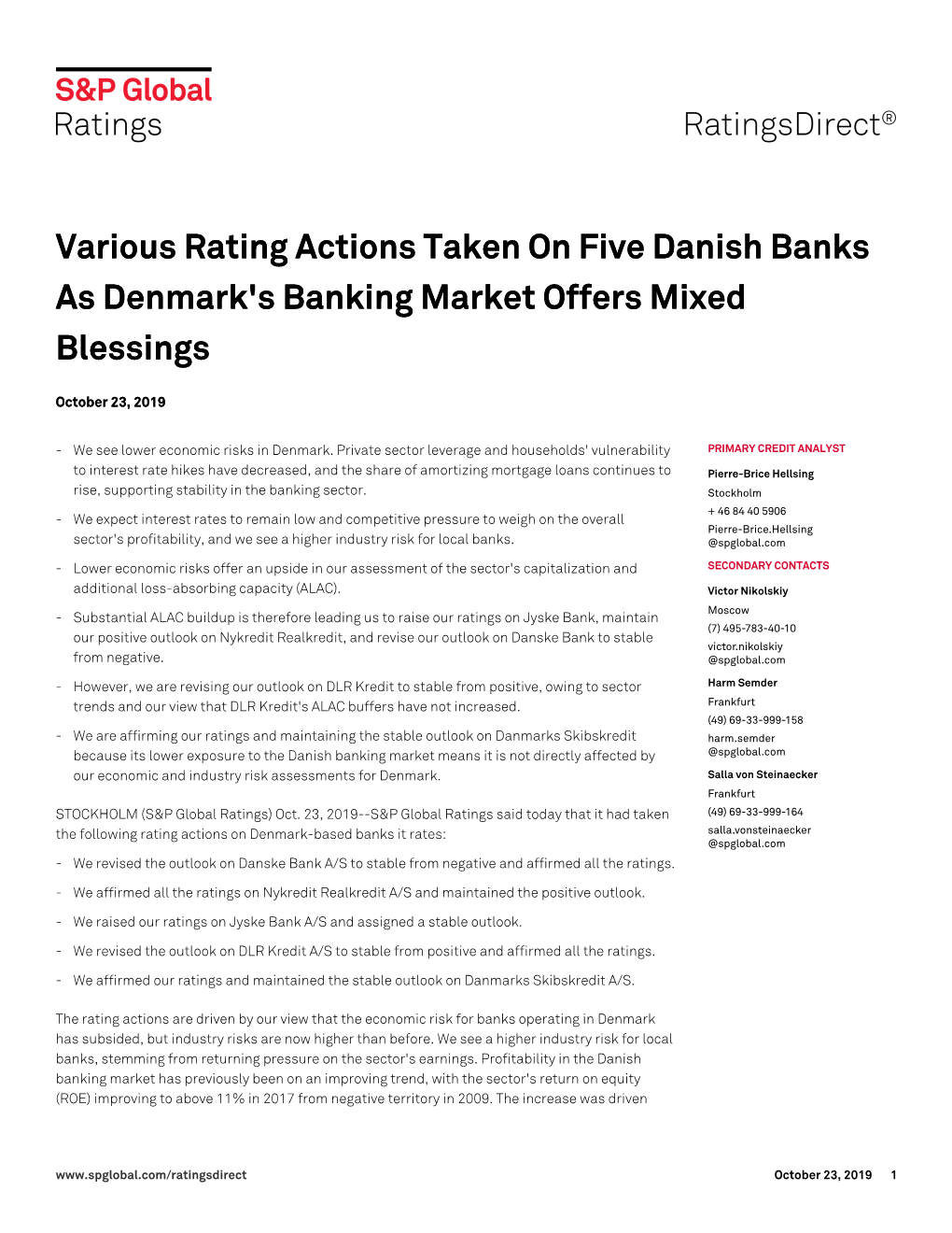 Various Rating Actions Taken on Five Danish Banks As Denmark's Banking Market Offers Mixed Blessings