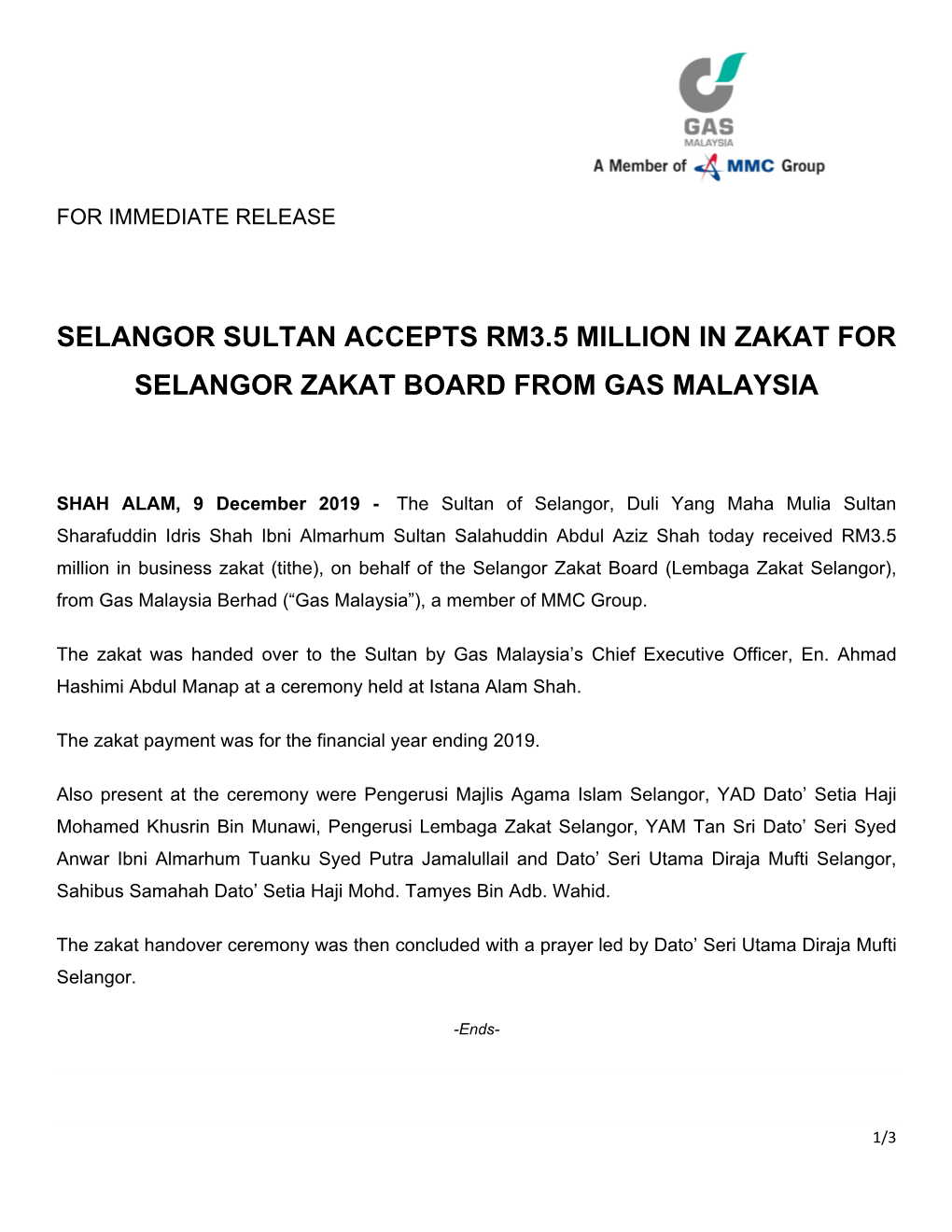 Selangor Sultan Accepts Rm3.5 Million in Zakat For