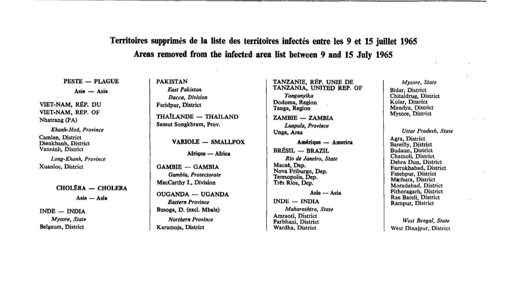 Territoires Supprimés De La Liste Des Territoires Infectés Ehtre Les 9 Et 15 Juillet 1965 Areas Removed from the Infected Area List Between 9 and 15 July 1965