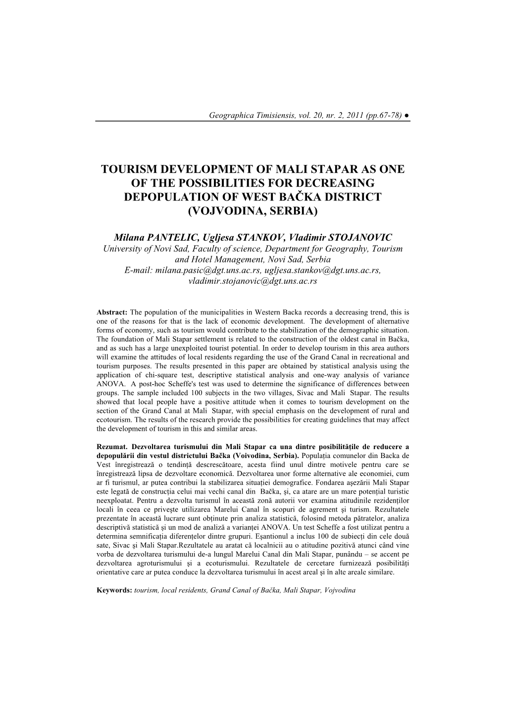 Tourism Development of Mali Stapar As One of the Possibilities for Decreasing Depopulation of West Bačka District (Vojvodina, Serbia)