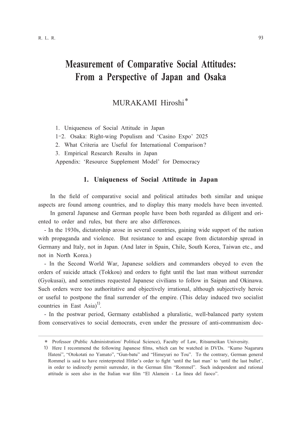 Measurement of Comparative Social Attitudes: from a Perspective of Japan and Osaka
