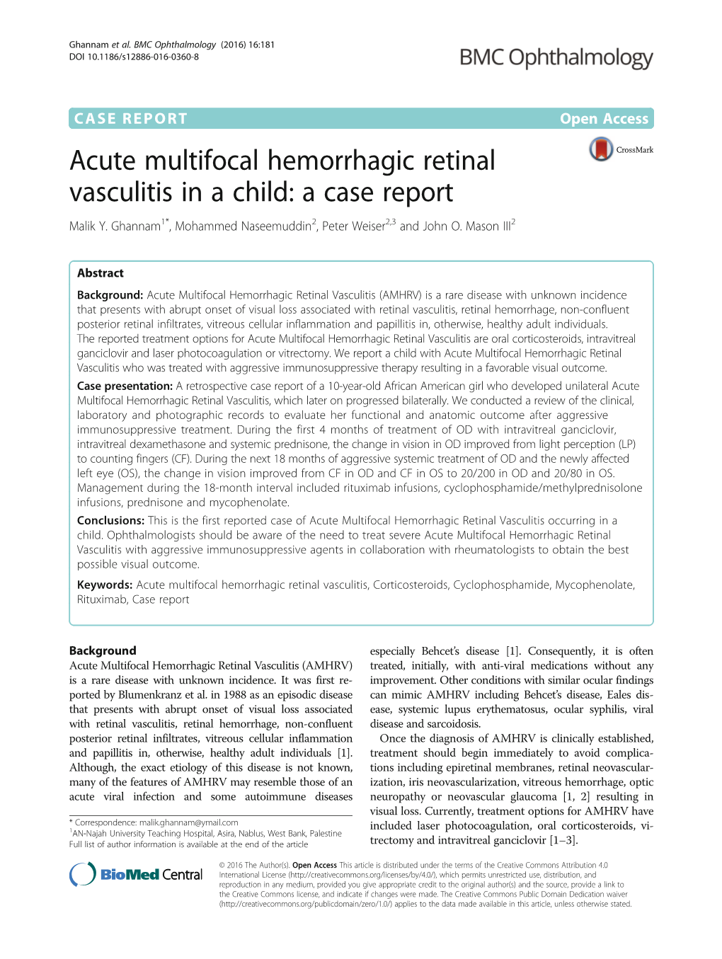 Acute Multifocal Hemorrhagic Retinal Vasculitis in a Child: a Case Report Malik Y