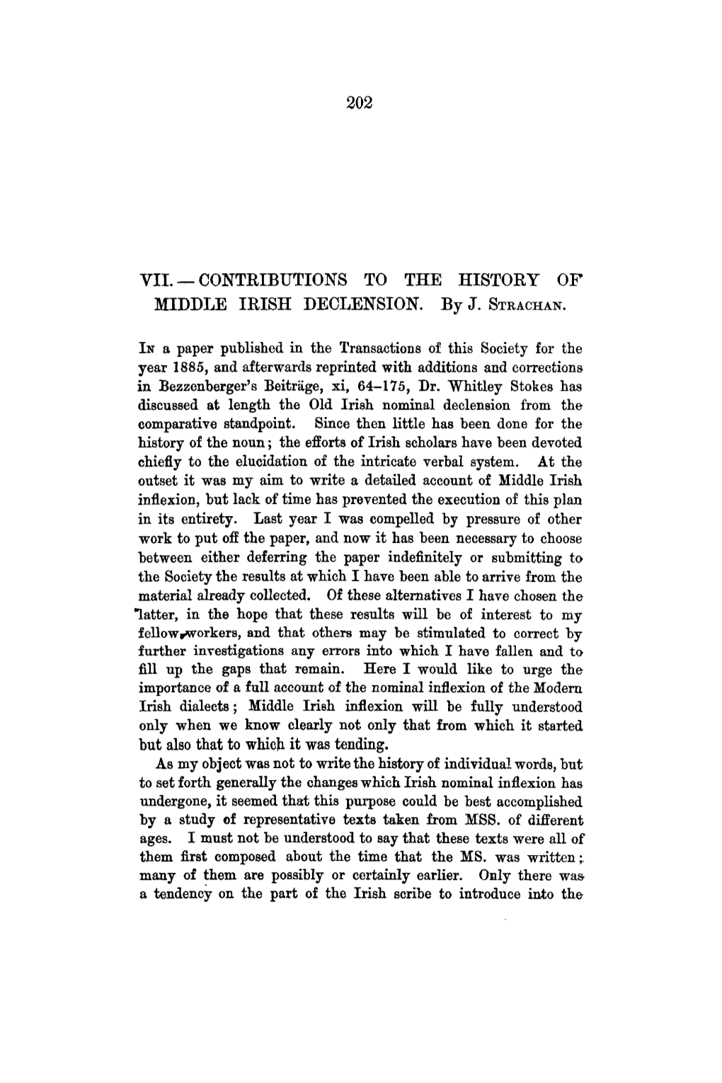 CONTRIBUTIONS to the HISTORY of MIDDLE IRISH DECLENSION. by J