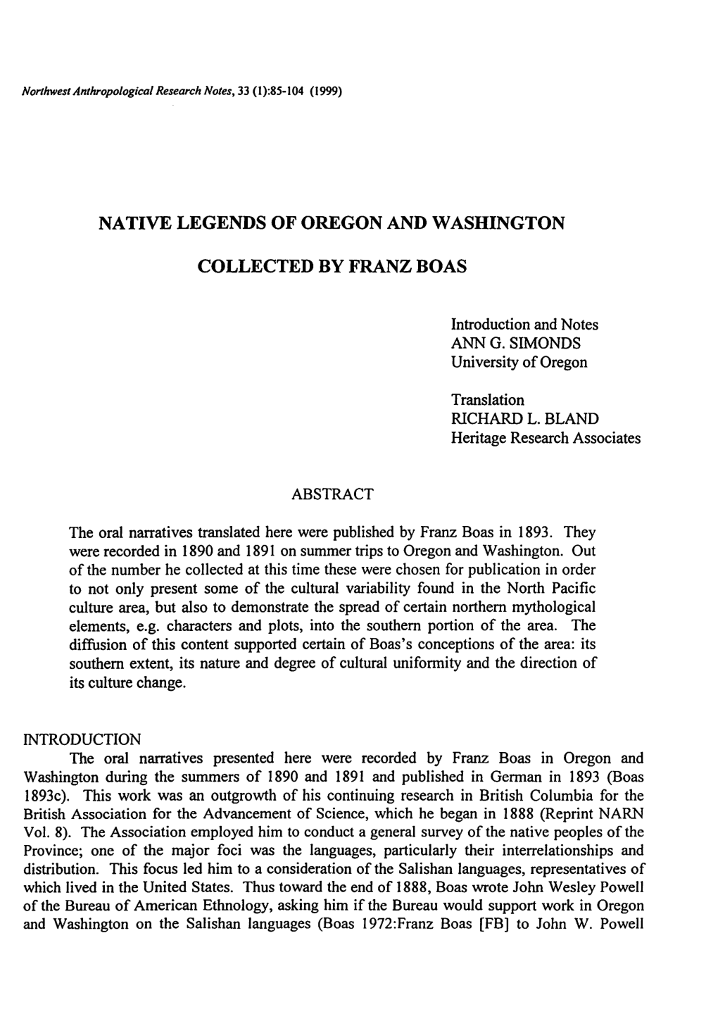 Native Legends of Oregon and Washington Collected By