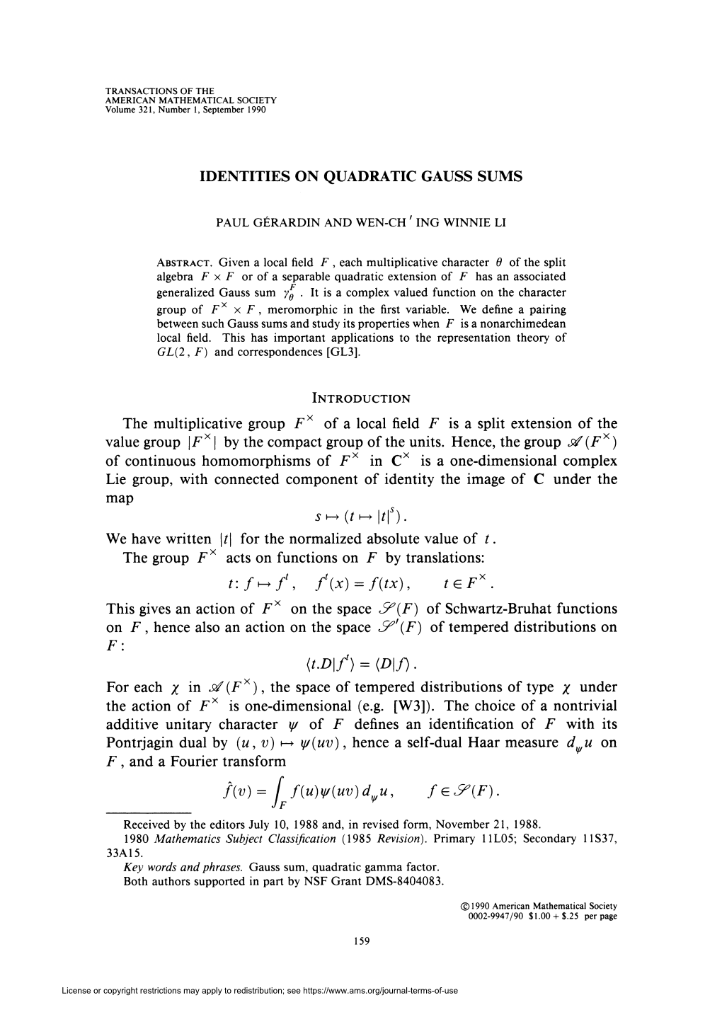 IDENTITIES on QUADRATIC GAUSS SUMS the Multiplicative Group F X