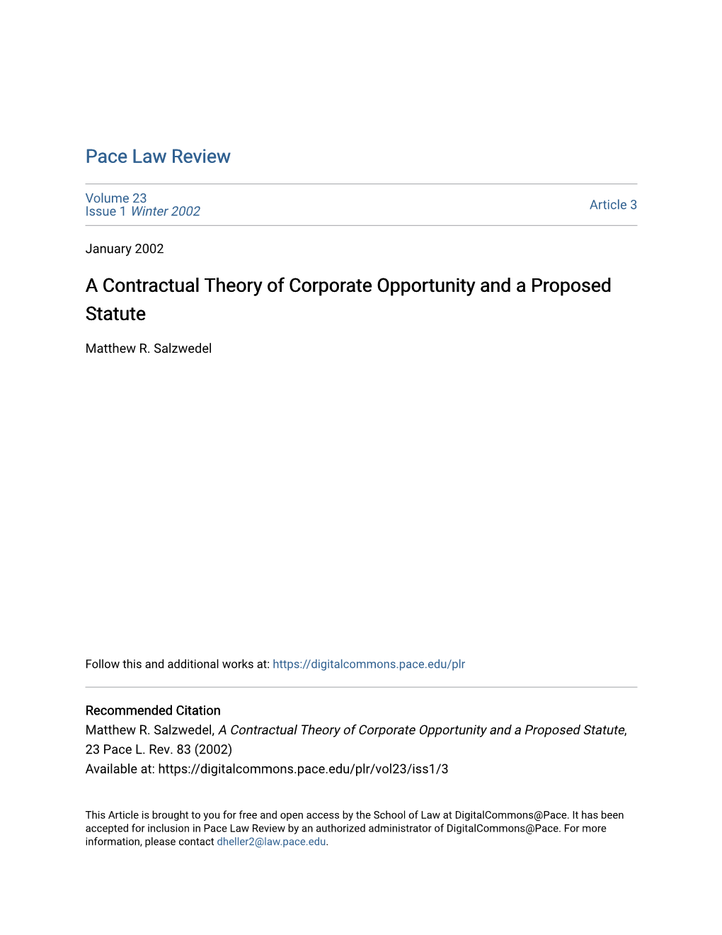 A Contractual Theory of Corporate Opportunity and a Proposed Statute