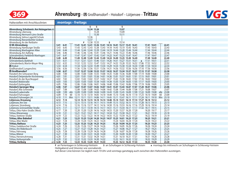 369> Ahrensburg – U Großhansdorf – Hoisdorf – Lütjensee – Trittau Haltestellen Mit Anschlusslinien Montags - Freitags S S S Ahrensburg, Schulzentr